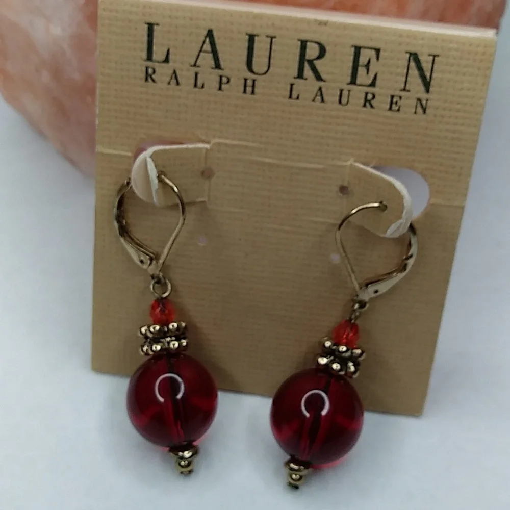 Lauren Ralph Lauren Vintage Gold Tone/Red Leverback Ball Earrings_3